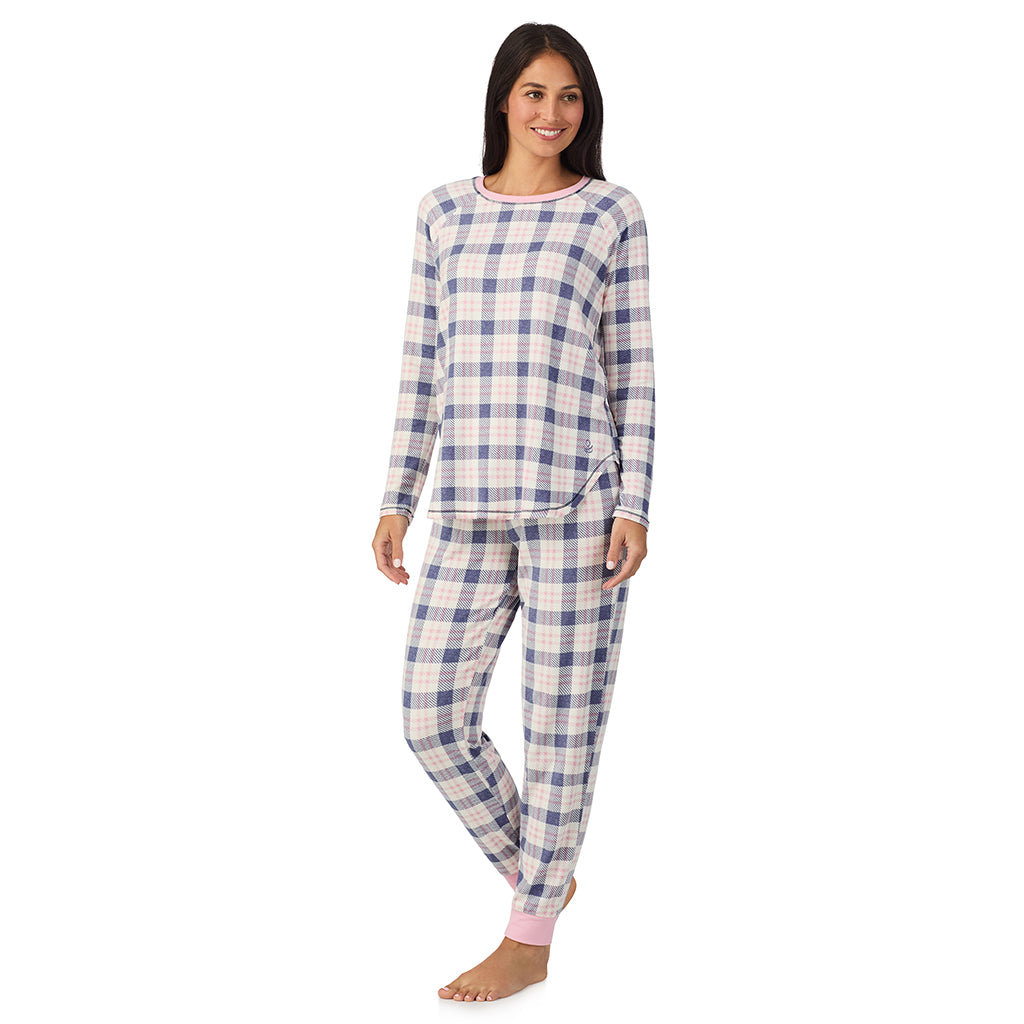 Pink Blue Plaid;Model is wearing size S. She is 5'8.5", Bust 32", Waist 25", Hips 36".@A lady wearing Brushed Sweater Knit Long Sleeve Top with Jogger 2-Pc Pajama Set