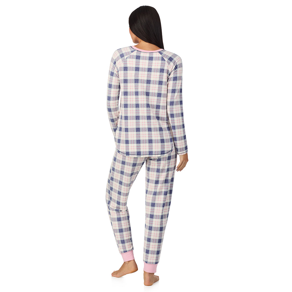 Pink Blue Plaid;Model is wearing size S. She is 5'8.5", Bust 32", Waist 25", Hips 36".@A lady wearing Brushed Sweater Knit Long Sleeve Top with Jogger 2-Pc Pajama Set