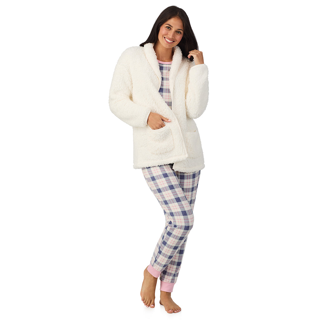 Pink Blue Plaid;Model is wearing size S. She is 5'8.5", Bust 32", Waist 25", Hips 36".@A lady wearing Brushed Sweater Knit Long Sleeve Top with Jogger 2-Pc Pajama Set