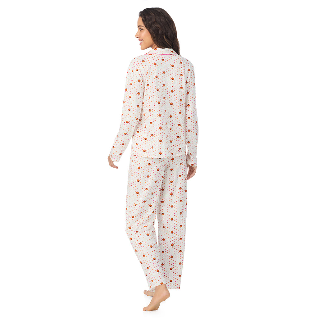 Pumpkin;Model is wearing size S. She is 5’9”, Bust 34”, Waist 23”, Hips 35”.@A lady wearing Pumpkin Cotton-Blend Long Sleeve Notch Collar 2-Pc Pajama Set