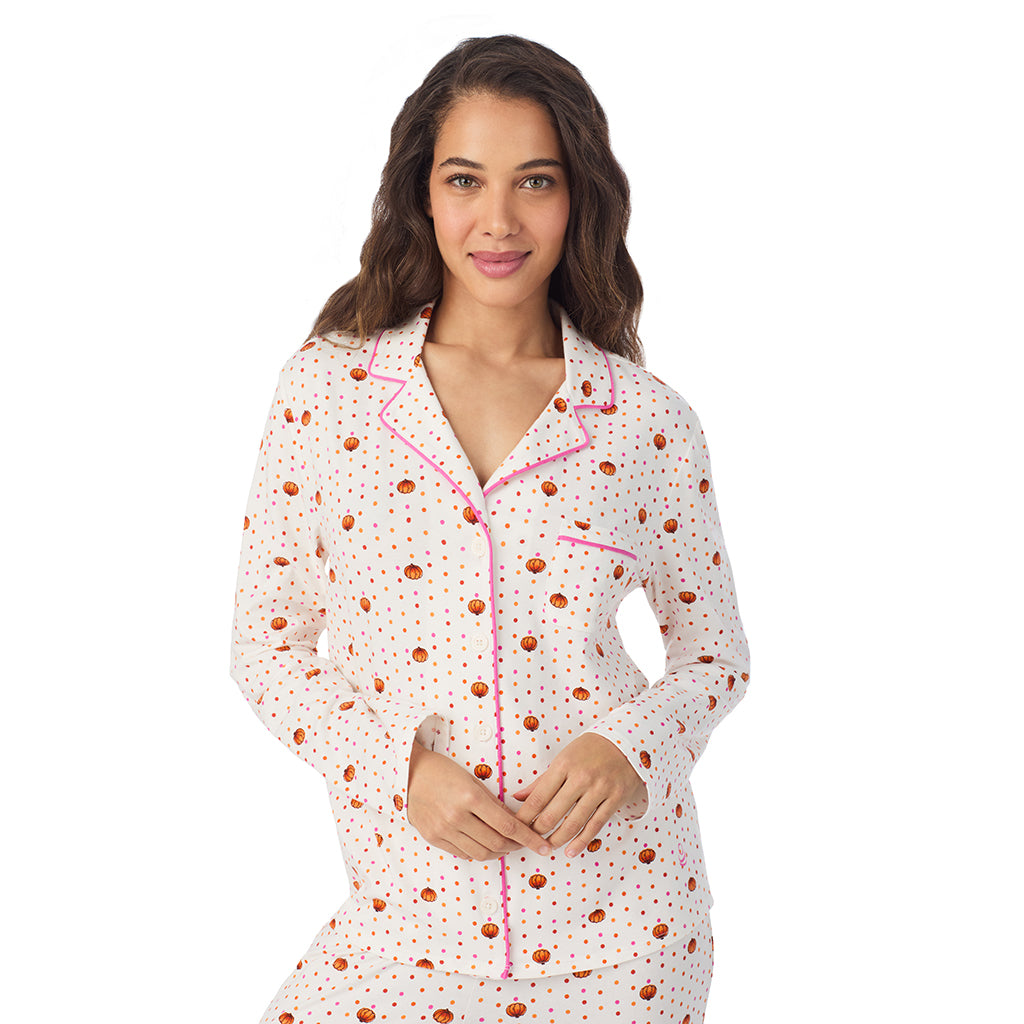 Pumpkin;Model is wearing size S. She is 5’9”, Bust 34”, Waist 23”, Hips 35”.@A lady wearing Pumpkin Cotton-Blend Long Sleeve Notch Collar 2-Pc Pajama Set