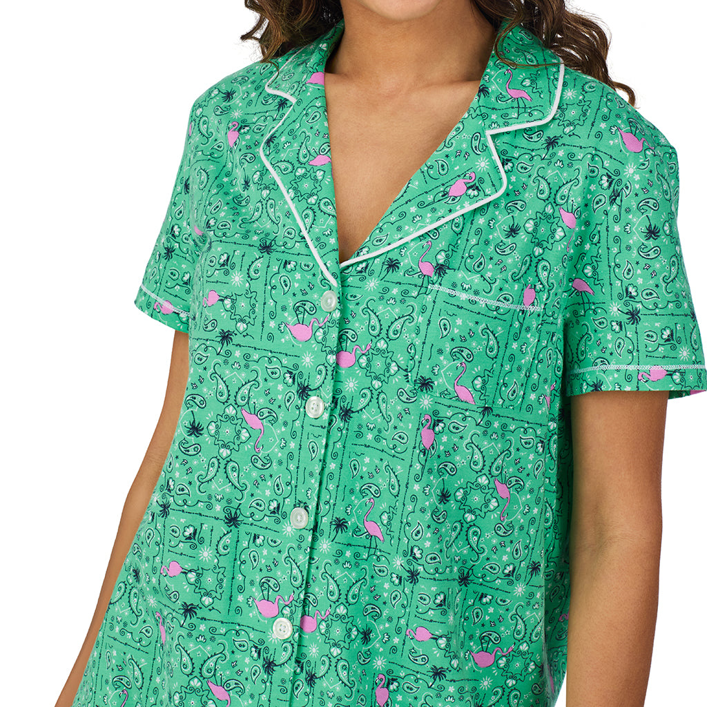 Green Bandana;Model is wearing size S. She is 5’9”, Bust 34”, Waist 23”, Hips 35”.@ A lady wearing Cotton-Blend Short Sleeve Notch Collar with Short 2-Pc Pajama Set