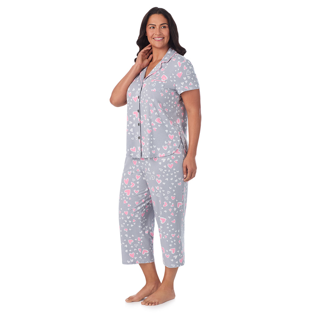 Grey Heart;Model is wearing size 1X. She is 5'10", Bust 40", Waist 33", Hips 47".@A lady wearing Cotton Rich Short Sleeve Notch Collar Top with Cropped Pant Pajama Set PLUS