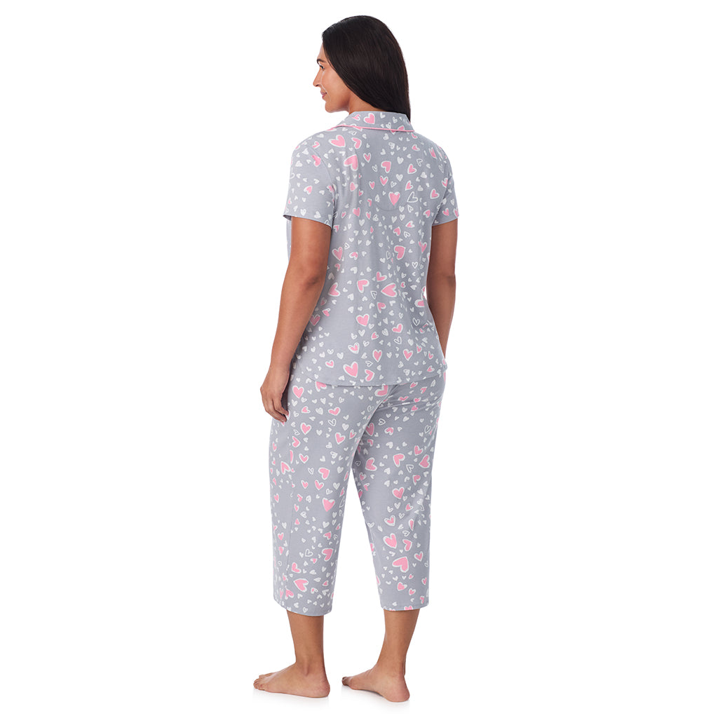Grey Heart;Model is wearing size 1X. She is 5'10", Bust 40", Waist 33", Hips 47".@A lady wearing Cotton Rich Short Sleeve Notch Collar Top with Cropped Pant Pajama Set PLUS