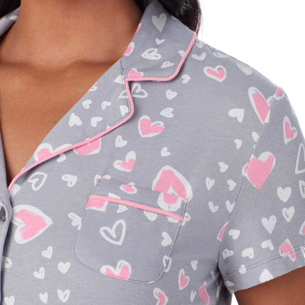 Grey Heart;Model is wearing size 1X. She is 5'10", Bust 40", Waist 33", Hips 47".@A lady wearing Cotton Rich Short Sleeve Notch Collar Top with Cropped Pant Pajama Set PLUS