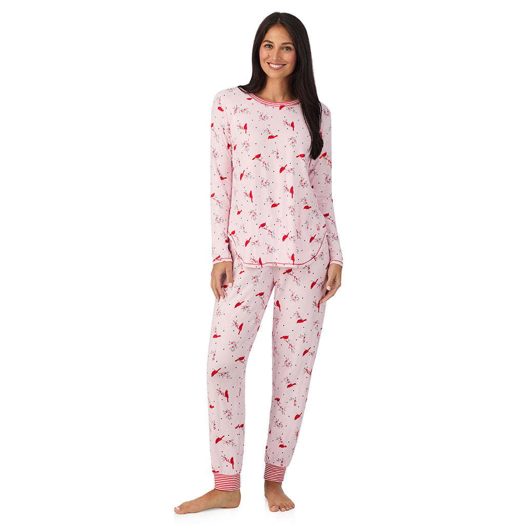 Pink Cardinal;Model is wearing size S. She is 5'8.5", Bust 32", Waist 25", Hips 36".@A lady wearing Brushed Sweater Knit Long Sleeve Top with Jogger 2-Pc Pajama Set