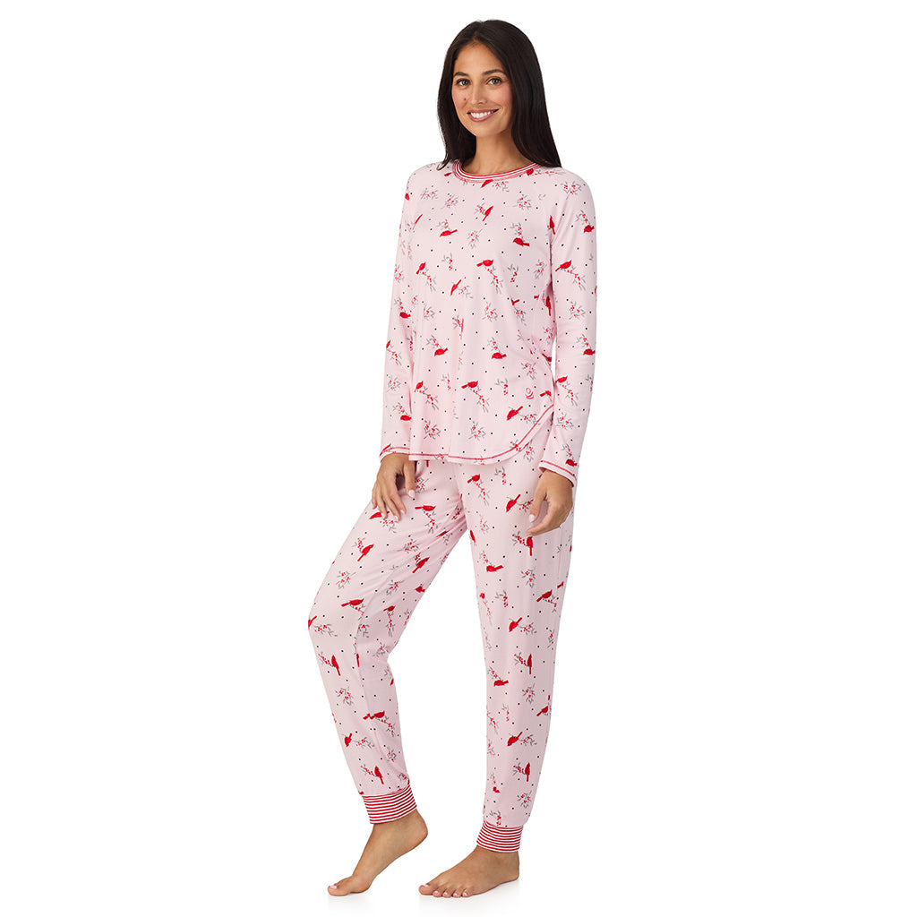 Pink Cardinal;Model is wearing size S. She is 5'8.5", Bust 32", Waist 25", Hips 36".@A lady wearing Brushed Sweater Knit Long Sleeve Top with Jogger 2-Pc Pajama Set