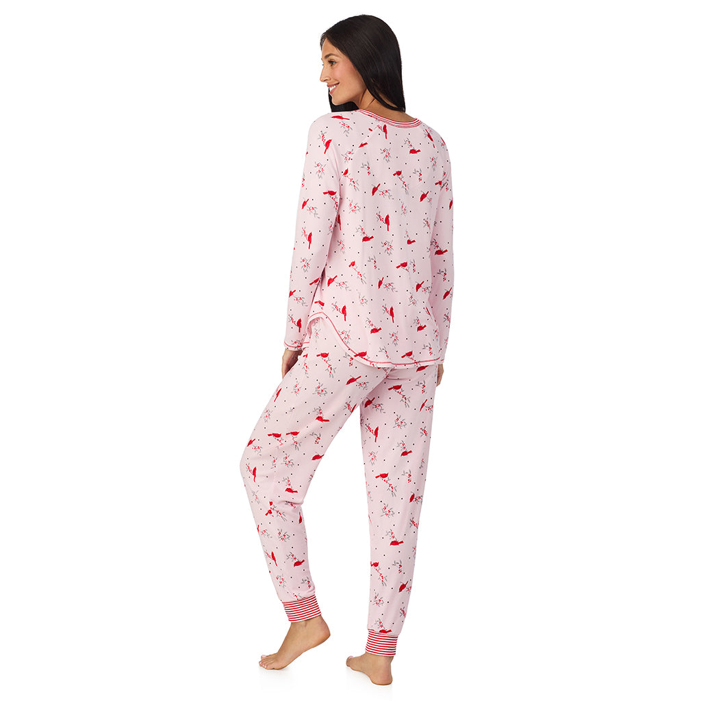 Pink Cardinal;Model is wearing size S. She is 5'8.5", Bust 32", Waist 25", Hips 36".@A lady wearing Brushed Sweater Knit Long Sleeve Top with Jogger 2-Pc Pajama Set