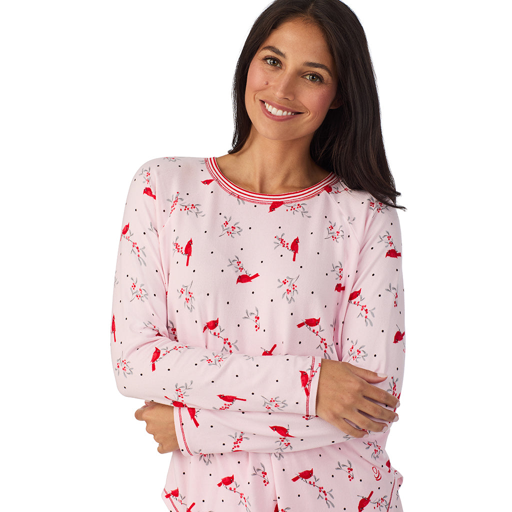 Pink Cardinal;Model is wearing size S. She is 5'8.5", Bust 32", Waist 25", Hips 36".@A lady wearing Brushed Sweater Knit Long Sleeve Top with Jogger 2-Pc Pajama Set