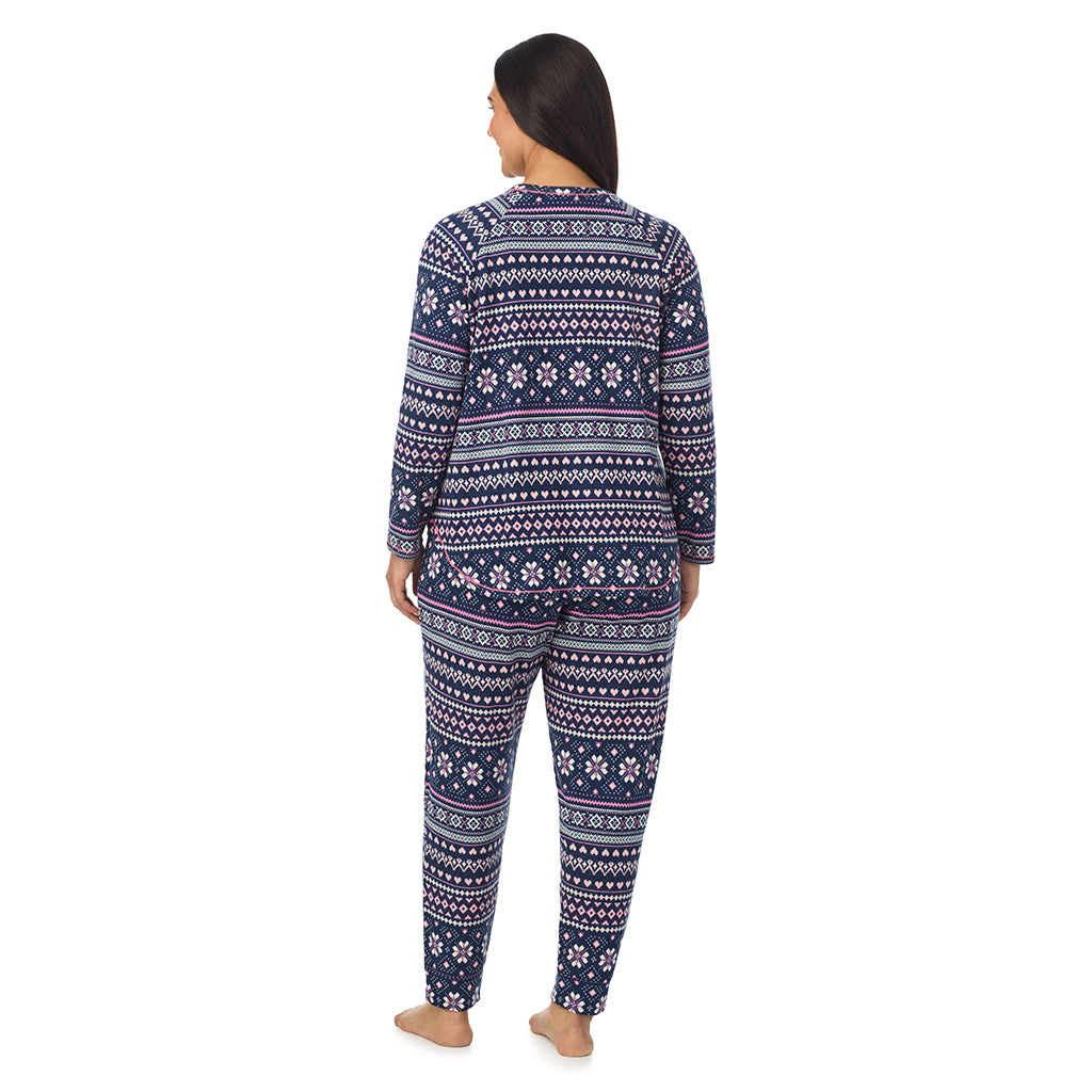 Navy Pink Fairisle;Model is wearing size 1X. She is 5'10", Bust 40", Waist 33", Hips 47".@A lady wearing Navy Pink Fairisle Brushed Sweater Knit Long Sleeve Pajama Set PLUS