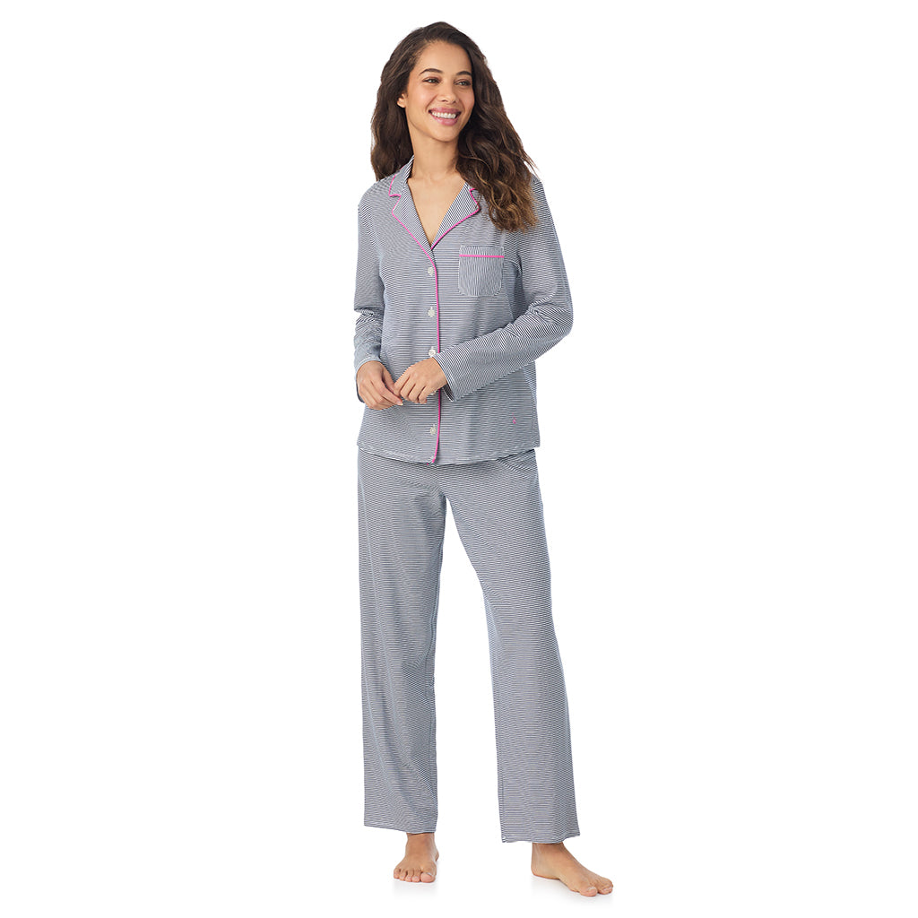 Navy Stripe;Model is wearing size S. She is 5’9”, Bust 34”, Waist 23”, Hips 35”.@A lady wearing Navy Stripe Cotton-Blend Long Sleeve Notch Collar 2-Pc Pajama Set