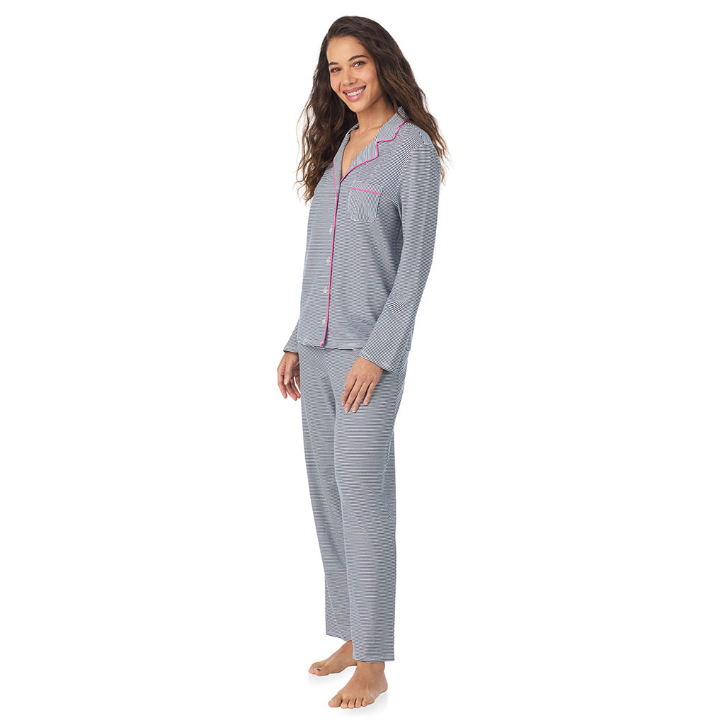 Navy Stripe;Model is wearing size S. She is 5’9”, Bust 34”, Waist 23”, Hips 35”.@A lady wearing Navy Stripe Cotton-Blend Long Sleeve Notch Collar 2-Pc Pajama Set