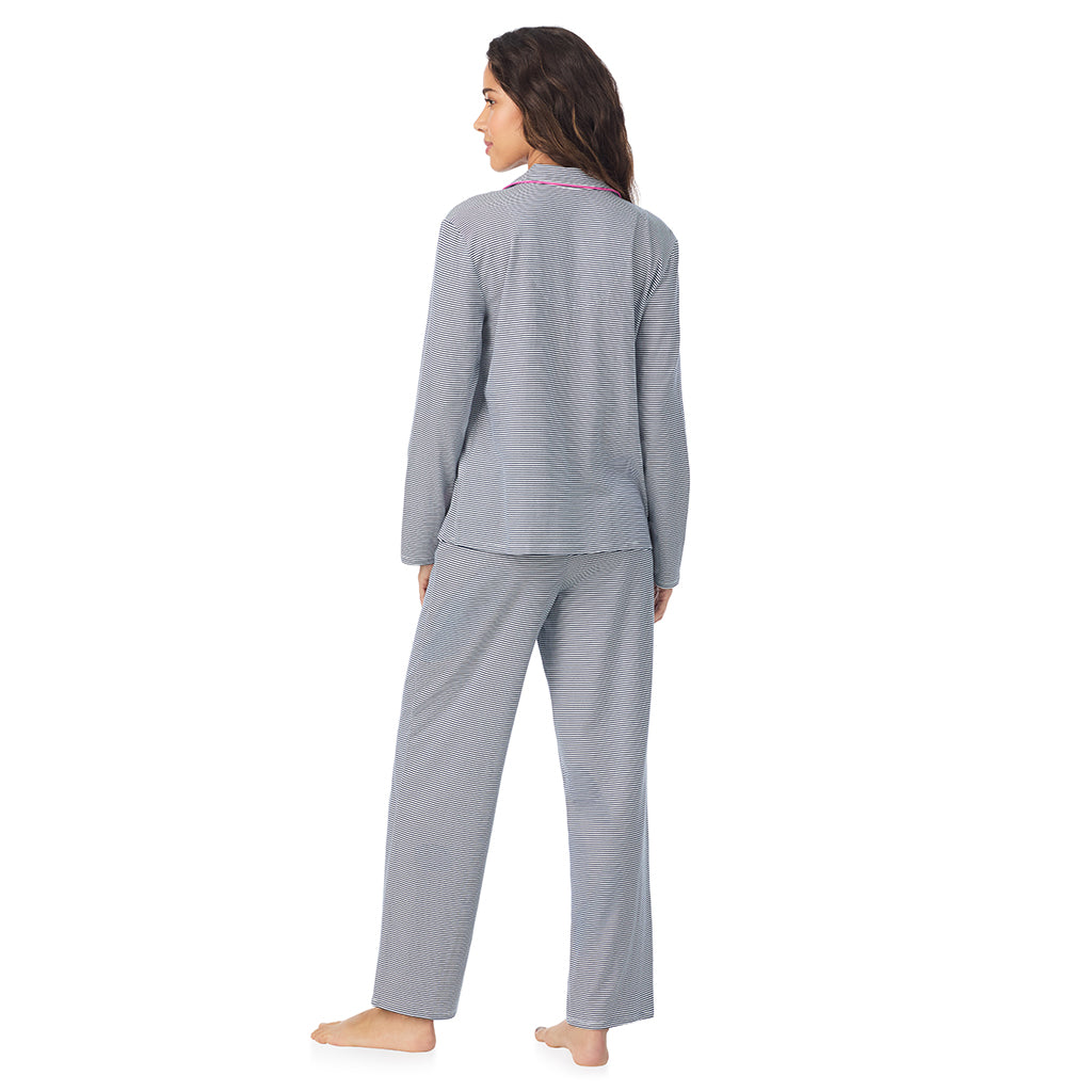 Navy Stripe;Model is wearing size S. She is 5’9”, Bust 34”, Waist 23”, Hips 35”.@A lady wearing Navy Stripe Cotton-Blend Long Sleeve Notch Collar 2-Pc Pajama Set