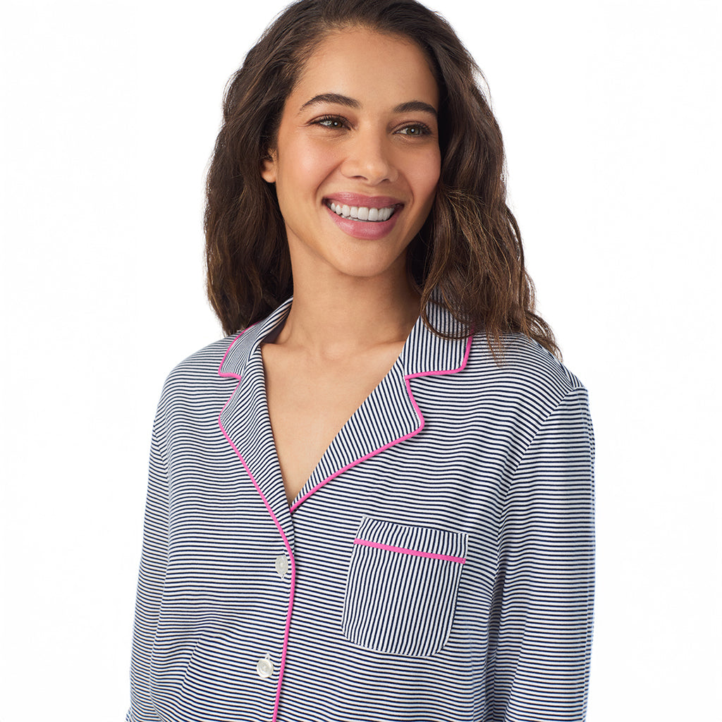 Navy Stripe;Model is wearing size S. She is 5’9”, Bust 34”, Waist 23”, Hips 35”.@A lady wearing Navy Stripe Cotton-Blend Long Sleeve Notch Collar 2-Pc Pajama Set