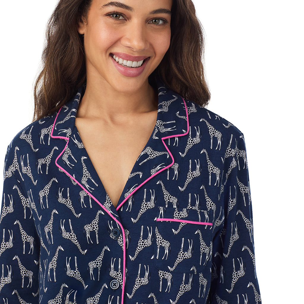 Giraffe;Model is wearing size S. She is 5’9”, Bust 34”, Waist 23”, Hips 35”.@A lady wearing Giraffe Cotton-Blend Long Sleeve Notch Collar 2-Pc Pajama Set
