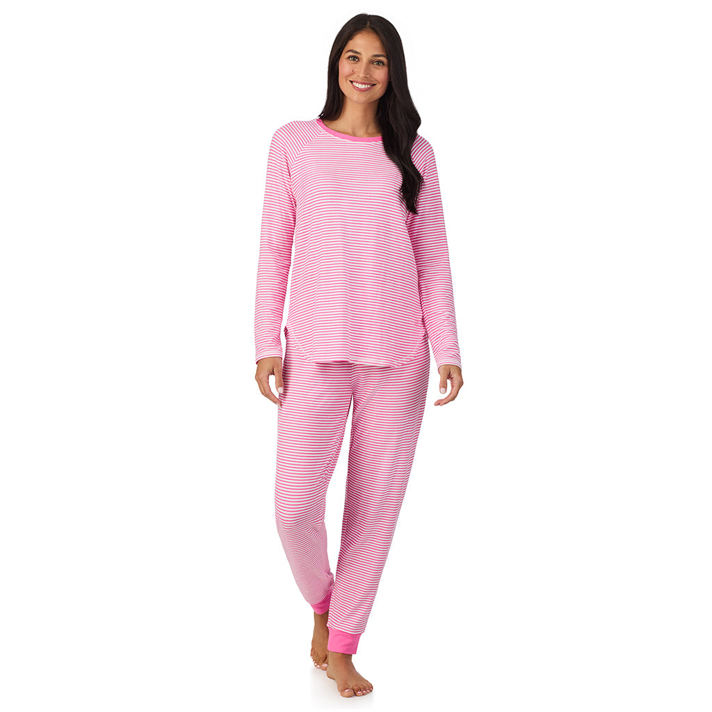 Blush Stripe;Model is wearing size S. She is 5'8.5", Bust 32", Waist 25", Hips 36".@A lady wearing Brushed Sweater Knit Long Sleeve Top with Jogger 2-Pc Pajama Set