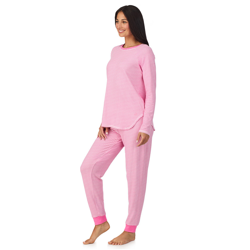 Blush Stripe;Model is wearing size S. She is 5'8.5", Bust 32", Waist 25", Hips 36".@A lady wearing Brushed Sweater Knit Long Sleeve Top with Jogger 2-Pc Pajama Set