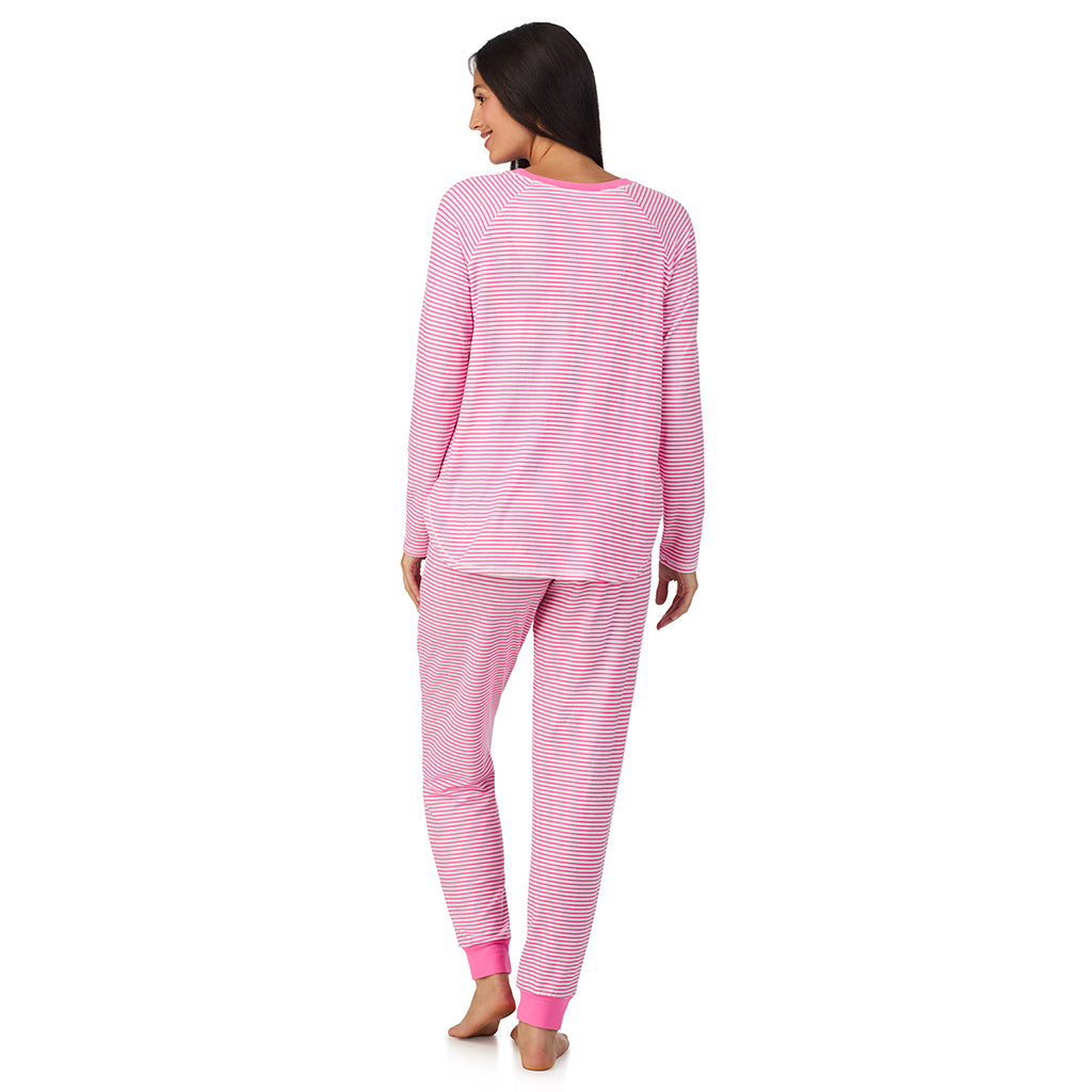Blush Stripe;Model is wearing size S. She is 5'8.5", Bust 32", Waist 25", Hips 36".@A lady wearing Brushed Sweater Knit Long Sleeve Top with Jogger 2-Pc Pajama Set