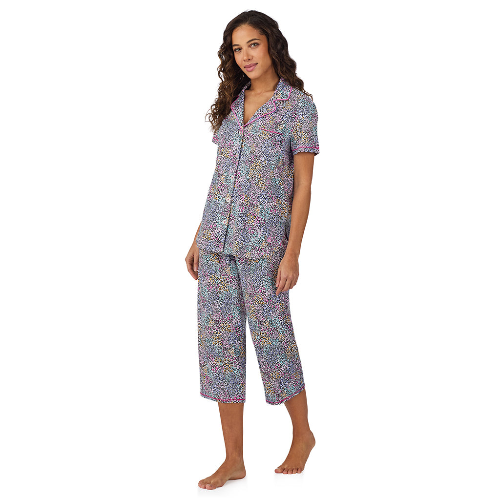 Rainbow Leopard;Model is wearing size S. She is 5’9”, Bust 34”, Waist 23”, Hips 35”. @A lady wearing Cotton-Blend Short Sleeve Notch Collar with Cropped Pant Pajama Set