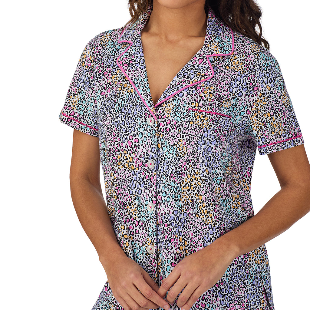 Rainbow Leopard;Model is wearing size S. She is 5’9”, Bust 34”, Waist 23”, Hips 35”. @A lady wearing Cotton-Blend Short Sleeve Notch Collar with Cropped Pant Pajama Set