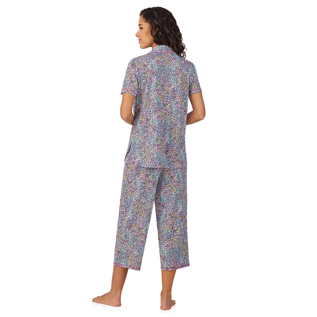Rainbow Leopard;Model is wearing size S. She is 5’9”, Bust 34”, Waist 23”, Hips 35”. @A lady wearing Cotton-Blend Short Sleeve Notch Collar with Cropped Pant Pajama Set