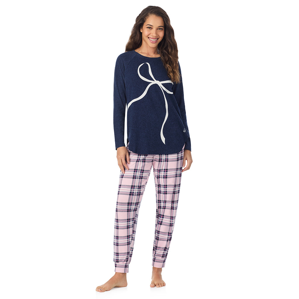 Pink Plaid with Bow; Model is wearing size S. She is 5’9”, Bust 34”, Waist 23”, Hips 35”.@A lady wearing Pink Plaid with Bow Brushed Sweater Knit Long Sleeve Pajama Set