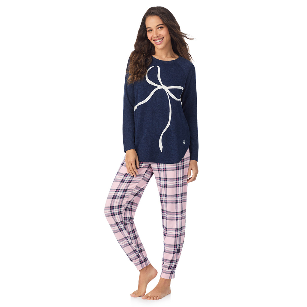 Pink Plaid with Bow; Model is wearing size S. She is 5’9”, Bust 34”, Waist 23”, Hips 35”.@A lady wearing Pink Plaid with Bow Brushed Sweater Knit Long Sleeve Pajama Set
