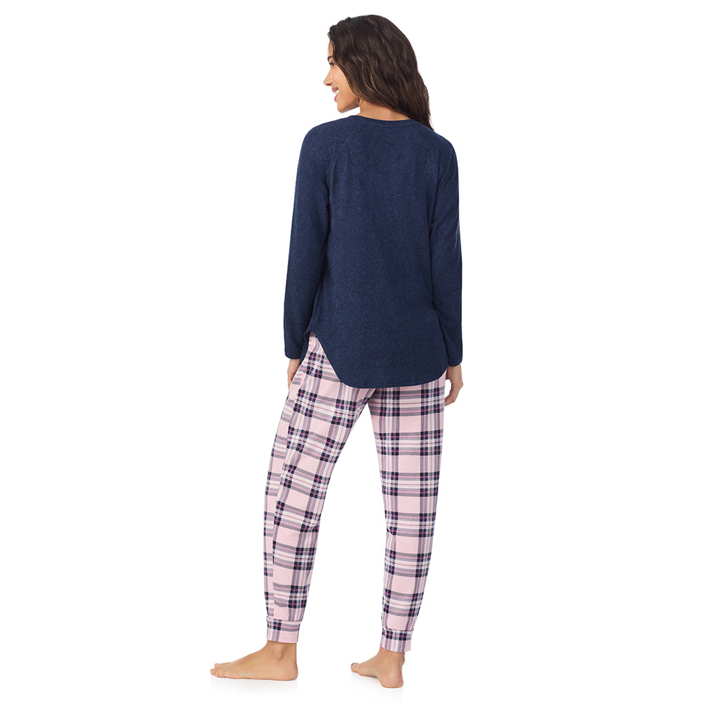 Pink Plaid with Bow; Model is wearing size S. She is 5’9”, Bust 34”, Waist 23”, Hips 35”.@A lady wearing Pink Plaid with Bow Brushed Sweater Knit Long Sleeve Pajama Set
