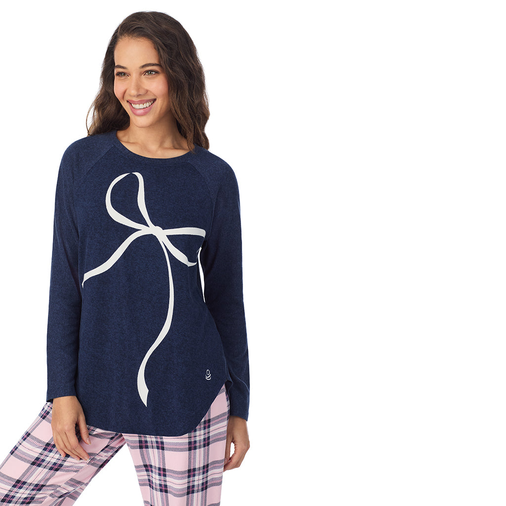 Pink Plaid with Bow; Model is wearing size S. She is 5’9”, Bust 34”, Waist 23”, Hips 35”.@A lady wearing Pink Plaid with Bow Brushed Sweater Knit Long Sleeve Pajama Set
