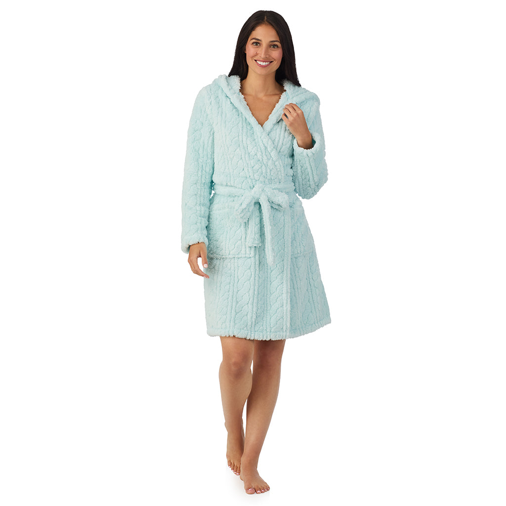 Icy Mint;Model is wearing size S. She is 5'8.5", Bust 32", Waist 25", Hips 36".@A lady wearing Cable Jacquard Sherpa Wrap Robe with Hood