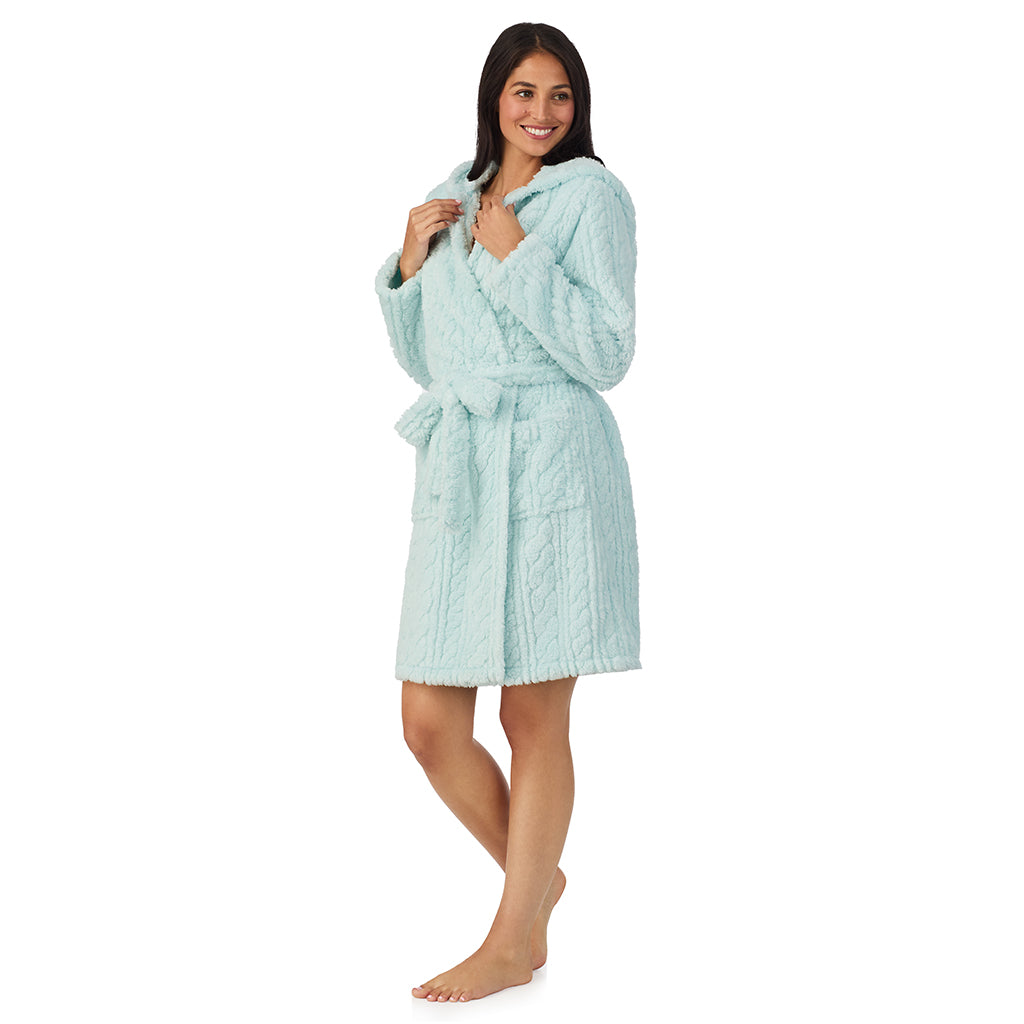 Icy Mint;Model is wearing size S. She is 5'8.5", Bust 32", Waist 25", Hips 36".@A lady wearing Cable Jacquard Sherpa Wrap Robe with Hood