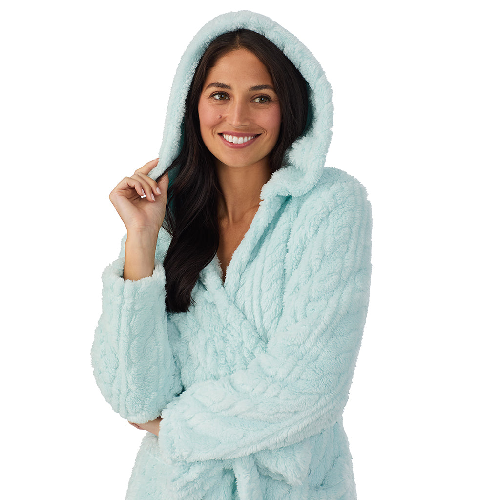 Icy Mint;Model is wearing size S. She is 5'8.5", Bust 32", Waist 25", Hips 36".@A lady wearing Cable Jacquard Sherpa Wrap Robe with Hood