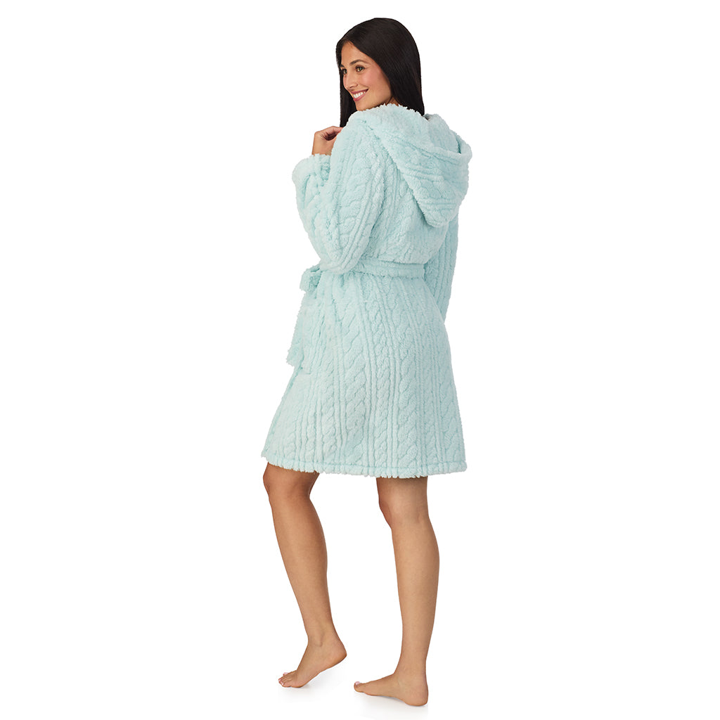 Icy Mint;Model is wearing size S. She is 5'8.5", Bust 32", Waist 25", Hips 36".@A lady wearing Cable Jacquard Sherpa Wrap Robe with Hood