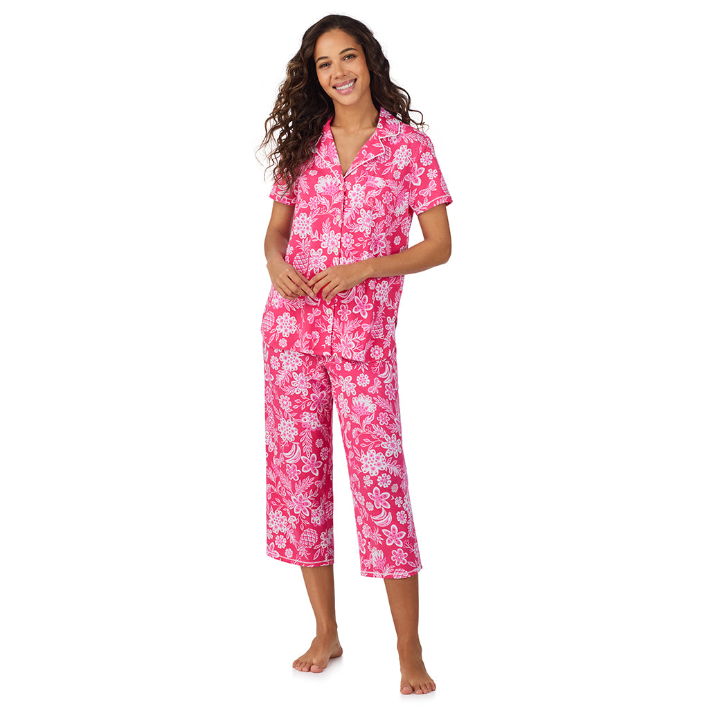 Pink Tropical;Model is wearing size S. She is 5’9”, Bust 34”, Waist 23”, Hips 35”. @A lady wearing Cotton-Blend Short Sleeve Notch Collar with Cropped Pant Pajama Set