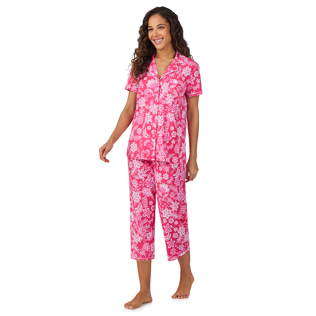 Pink Tropical;Model is wearing size S. She is 5’9”, Bust 34”, Waist 23”, Hips 35”. @A lady wearing Cotton-Blend Short Sleeve Notch Collar with Cropped Pant Pajama Set