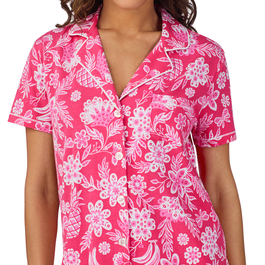 Pink Tropical;Model is wearing size S. She is 5’9”, Bust 34”, Waist 23”, Hips 35”. @A lady wearing Cotton-Blend Short Sleeve Notch Collar with Cropped Pant Pajama Set