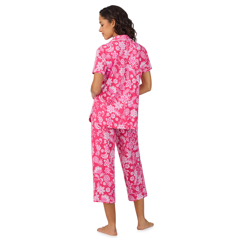 Pink Tropical;Model is wearing size S. She is 5’9”, Bust 34”, Waist 23”, Hips 35”. @A lady wearing Cotton-Blend Short Sleeve Notch Collar with Cropped Pant Pajama Set