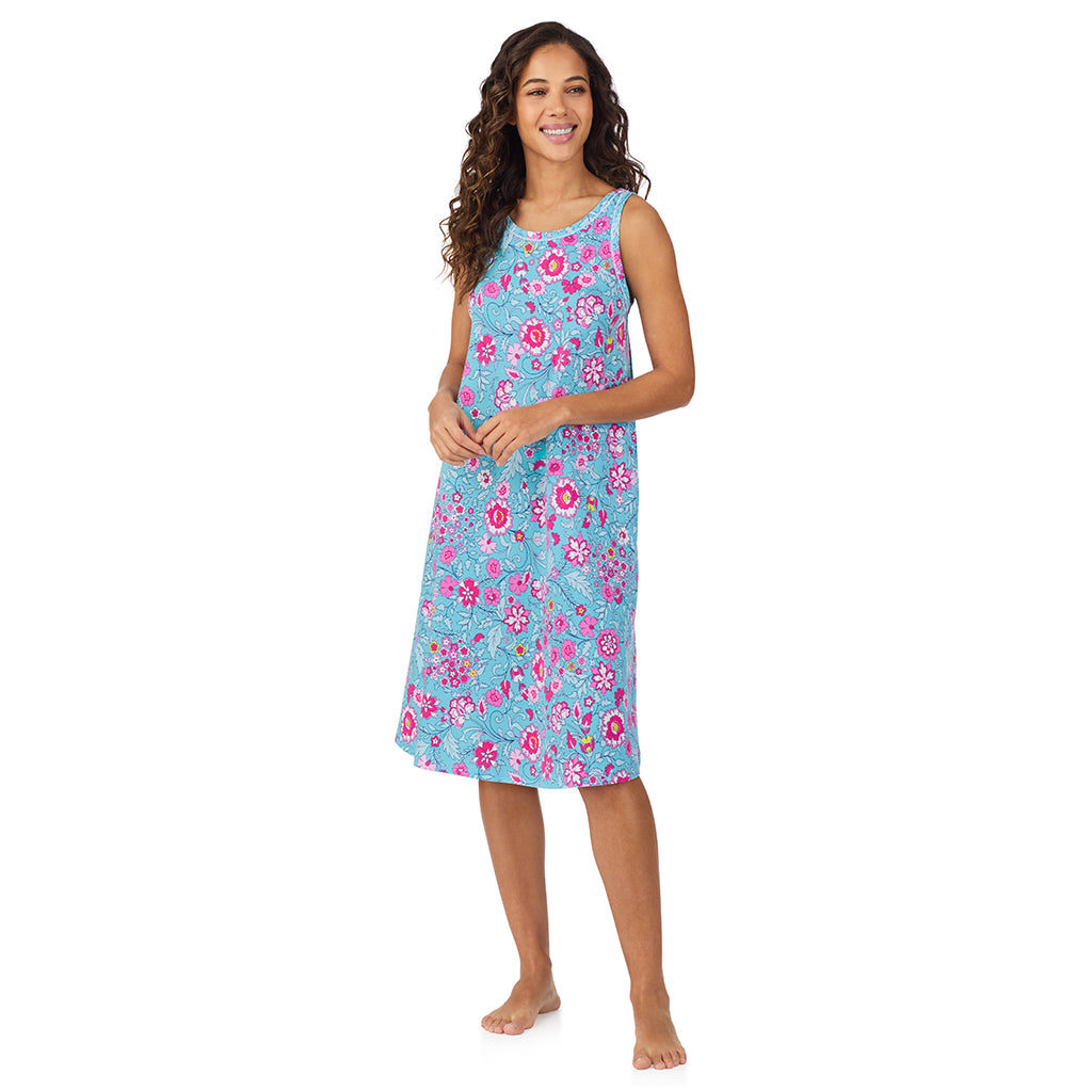 Aqua Floral;Model is wearing size S. She is 5’9”, Bust 34”, Waist 23”, Hips 35”.@A lady wearing Cotton-Blend Sleeveless Sleep Midi-Gown