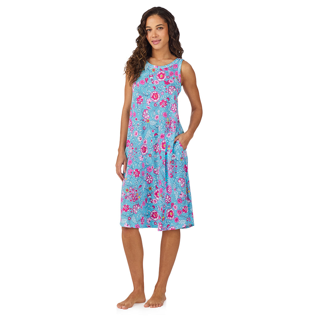 Aqua Floral;Model is wearing size S. She is 5’9”, Bust 34”, Waist 23”, Hips 35”.@A lady wearing Cotton-Blend Sleeveless Sleep Midi-Gown