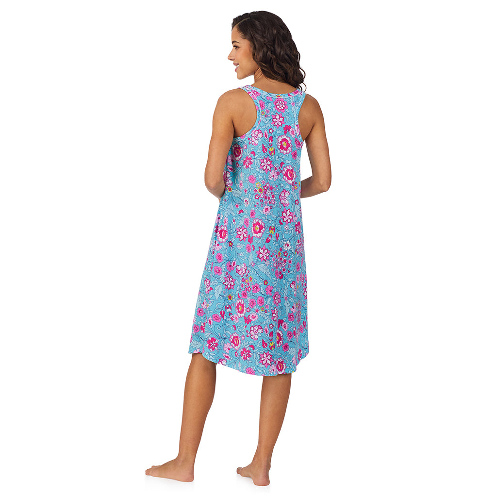 Aqua Floral;Model is wearing size S. She is 5’9”, Bust 34”, Waist 23”, Hips 35”.@A lady wearing Cotton-Blend Sleeveless Sleep Midi-Gown