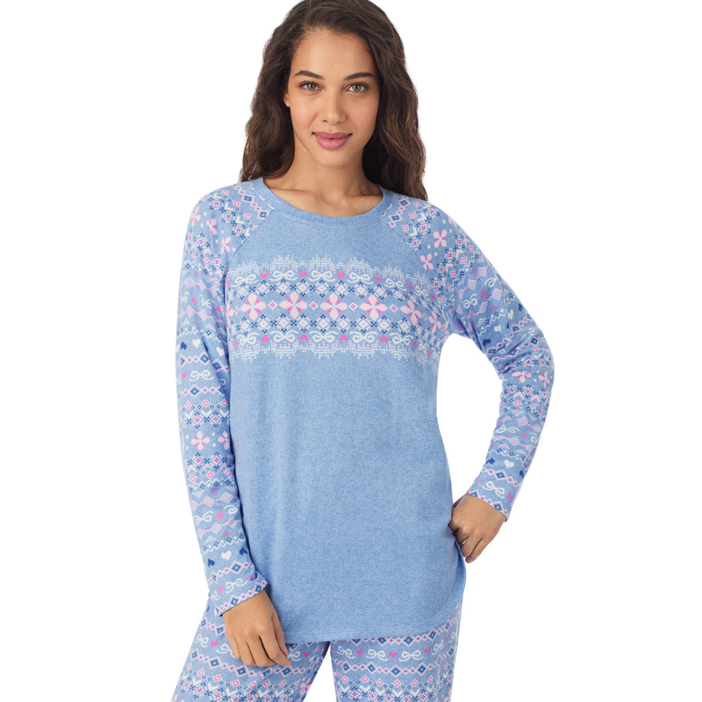 Peri Fair Isle; Model is wearing size S. She is 5’9”, Bust 34”, Waist 23”, Hips 35”.@A lady wearing Peri Fair Isle Brushed Sweater Knit Long Sleeve Pajama Set