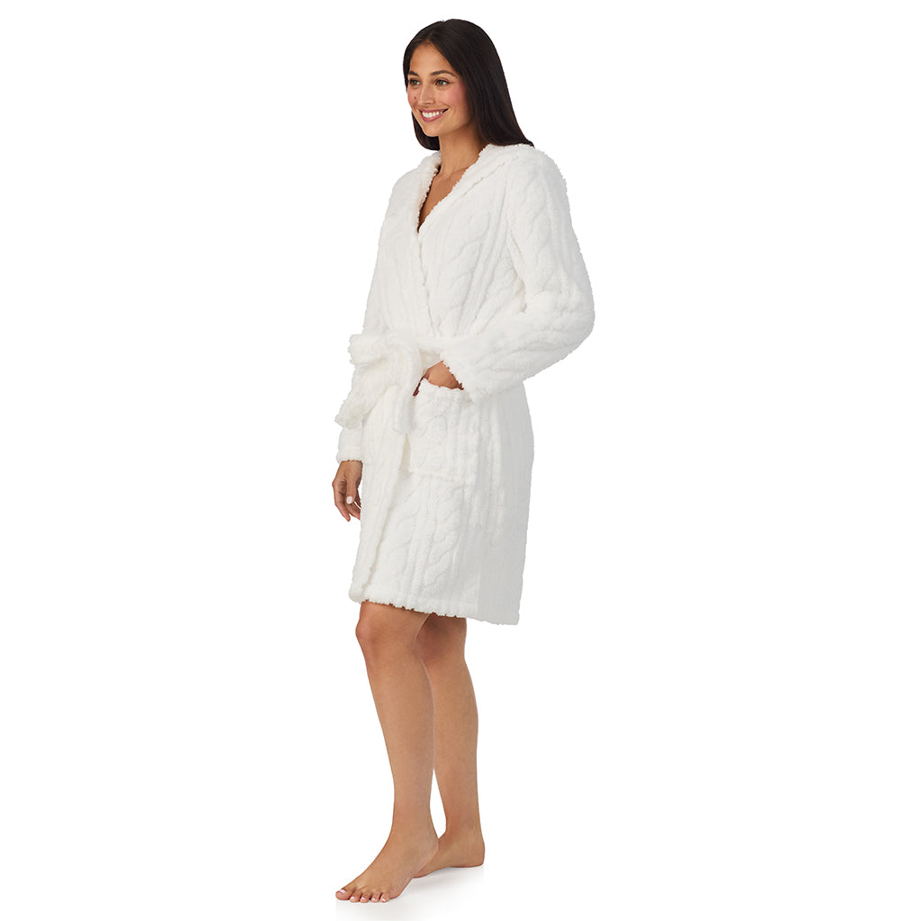 Cream;Model is wearing size S. She is 5'8.5", Bust 32", Waist 25", Hips 36".@A lady wearing Cable Jacquard Sherpa Wrap Robe with Hood