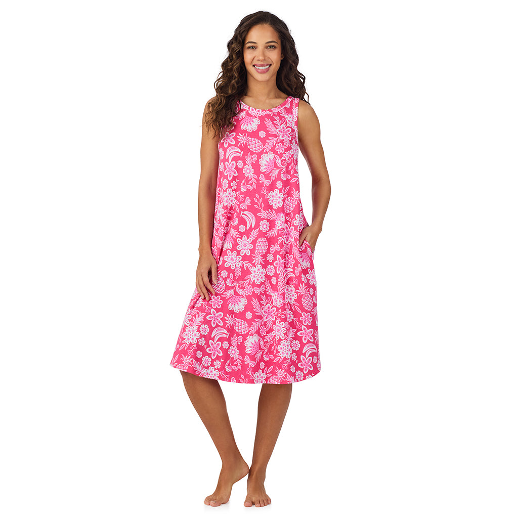 Pink Tropical;Model is wearing size S. She is 5’9”, Bust 34”, Waist 23”, Hips 35”.@A lady wearing Cotton-Blend Sleeveless Sleep Midi-Gown