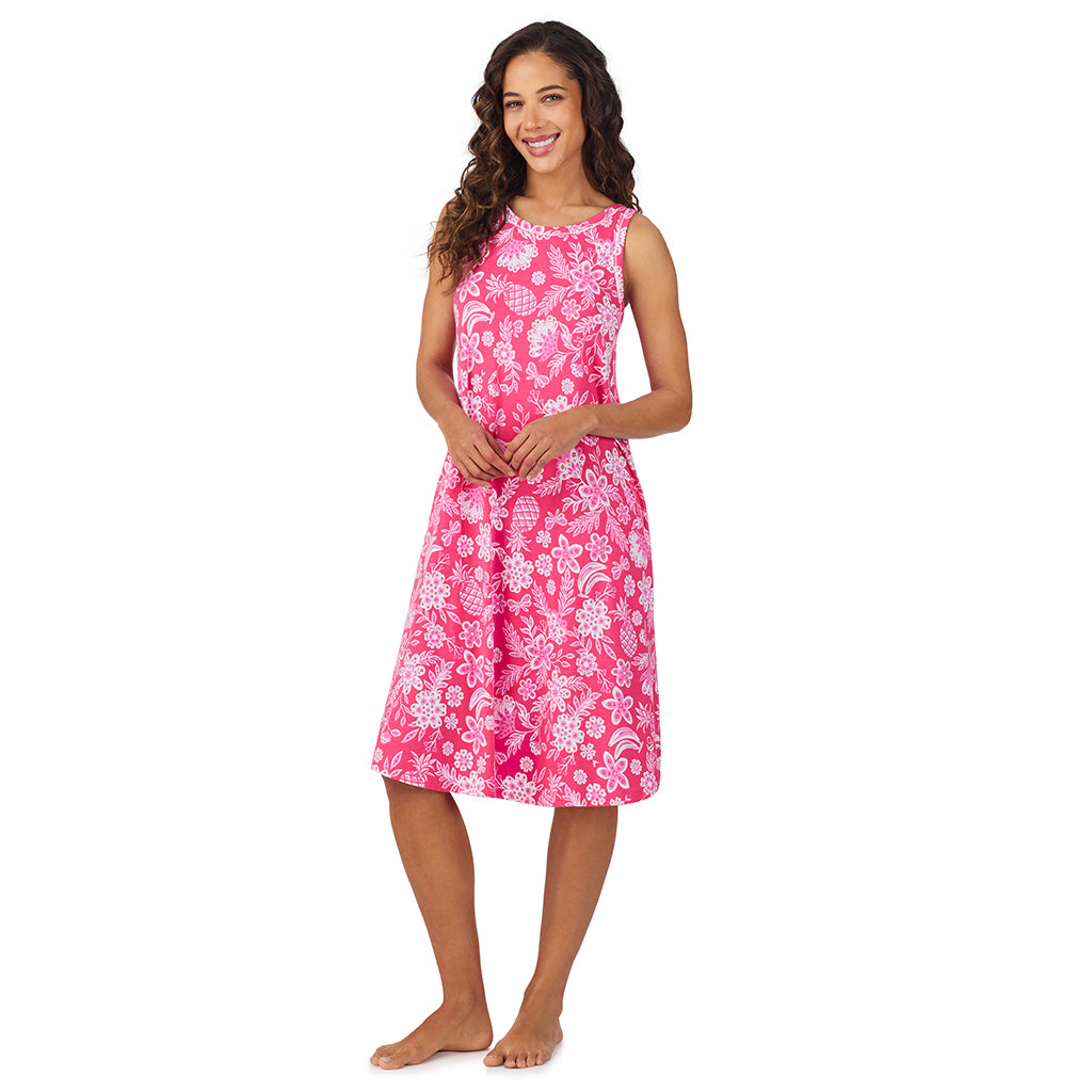 Pink Tropical;Model is wearing size S. She is 5’9”, Bust 34”, Waist 23”, Hips 35”.@A lady wearing Cotton-Blend Sleeveless Sleep Midi-Gown