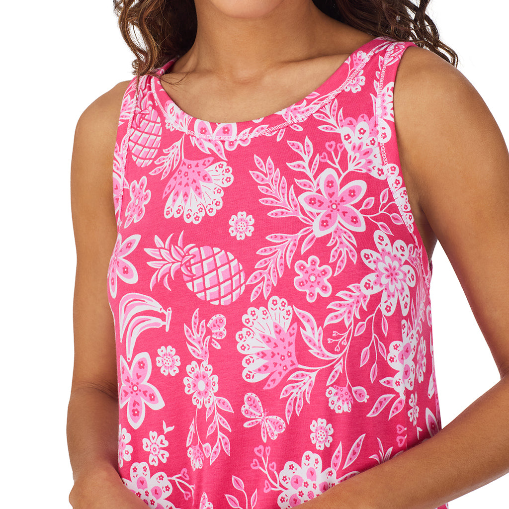 Pink Tropical;Model is wearing size S. She is 5’9”, Bust 34”, Waist 23”, Hips 35”.@A lady wearing Cotton-Blend Sleeveless Sleep Midi-Gown