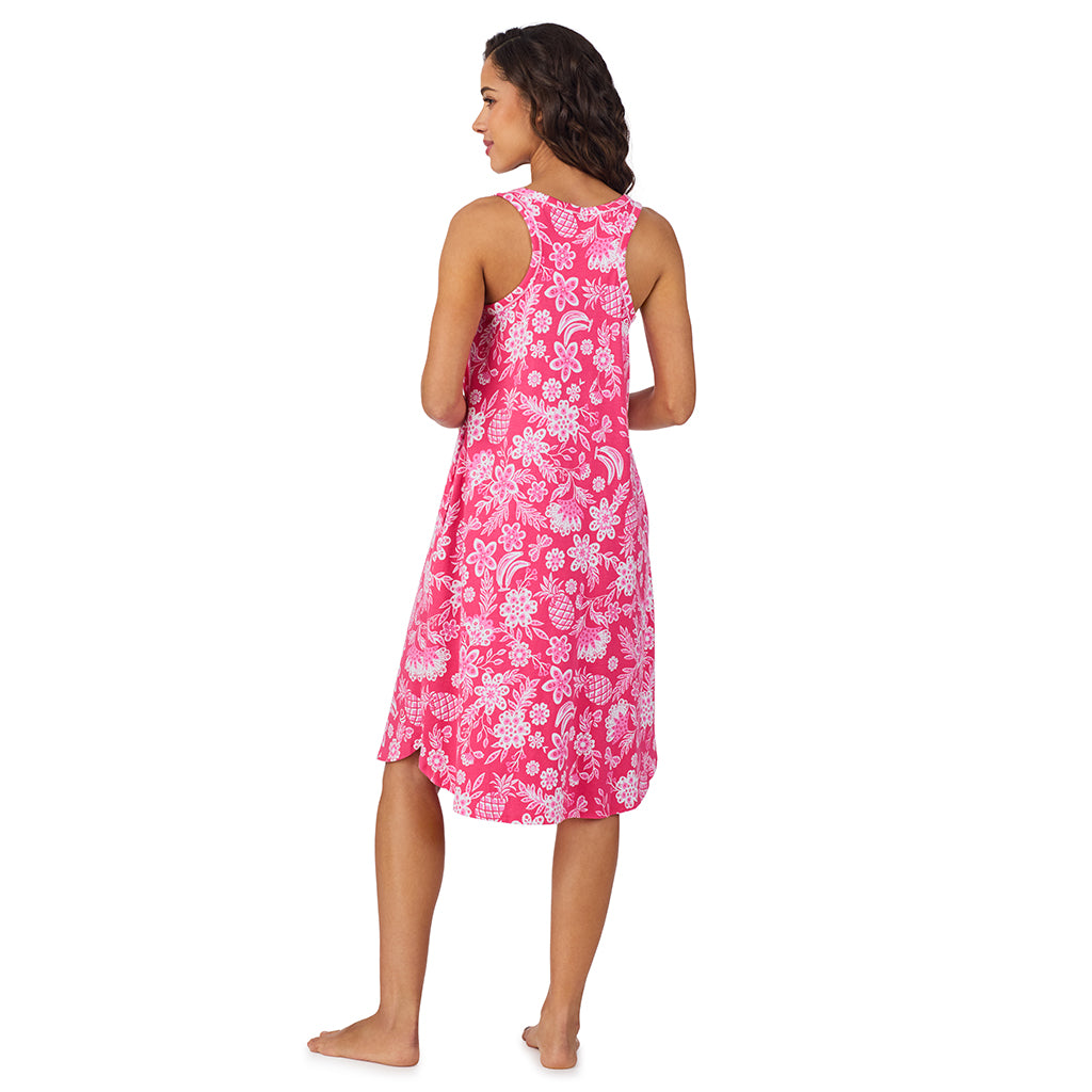 Pink Tropical;Model is wearing size S. She is 5’9”, Bust 34”, Waist 23”, Hips 35”.@A lady wearing Cotton-Blend Sleeveless Sleep Midi-Gown