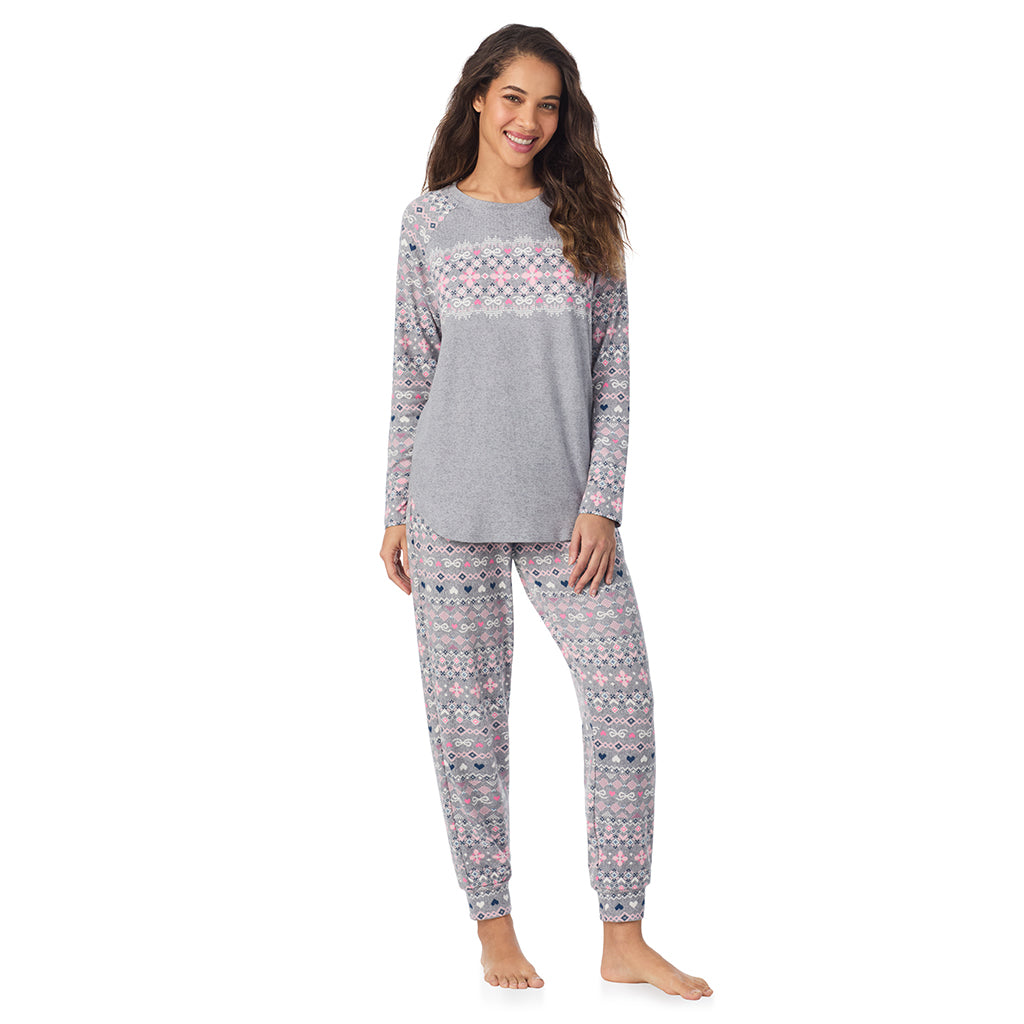 Grey Pink Fairisle; Model is wearing size S. She is 5’9”, Bust 34”, Waist 23”, Hips 35”.@A lady wearing Grey Fair Isle Brushed Sweater Knit Long Sleeve Pajama Set
