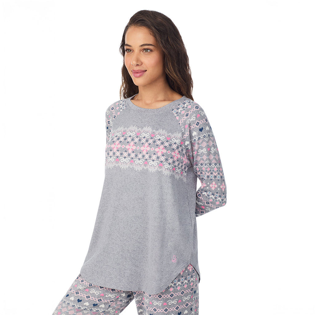 Grey Pink Fairisle; Model is wearing size S. She is 5’9”, Bust 34”, Waist 23”, Hips 35”.@A lady wearing Grey Fair Isle Brushed Sweater Knit Long Sleeve Pajama Set