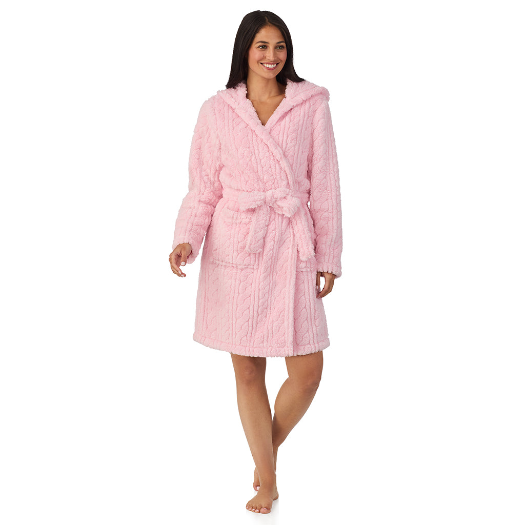 Powder Pink;Model is wearing size S. She is 5'8.5", Bust 32", Waist 25", Hips 36".@A lady wearing Cable Jacquard Sherpa Wrap Robe with Hood