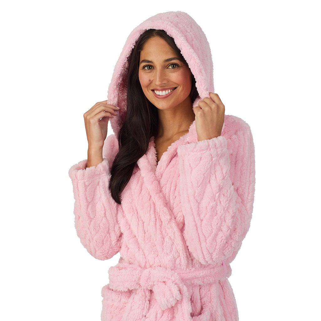Powder Pink;Model is wearing size S. She is 5'8.5", Bust 32", Waist 25", Hips 36".@A lady wearing Cable Jacquard Sherpa Wrap Robe with Hood